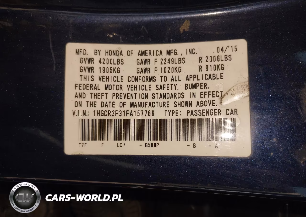 2015 Honda Accord Lx VIN:1HGCR2F31FA157766 - 9
