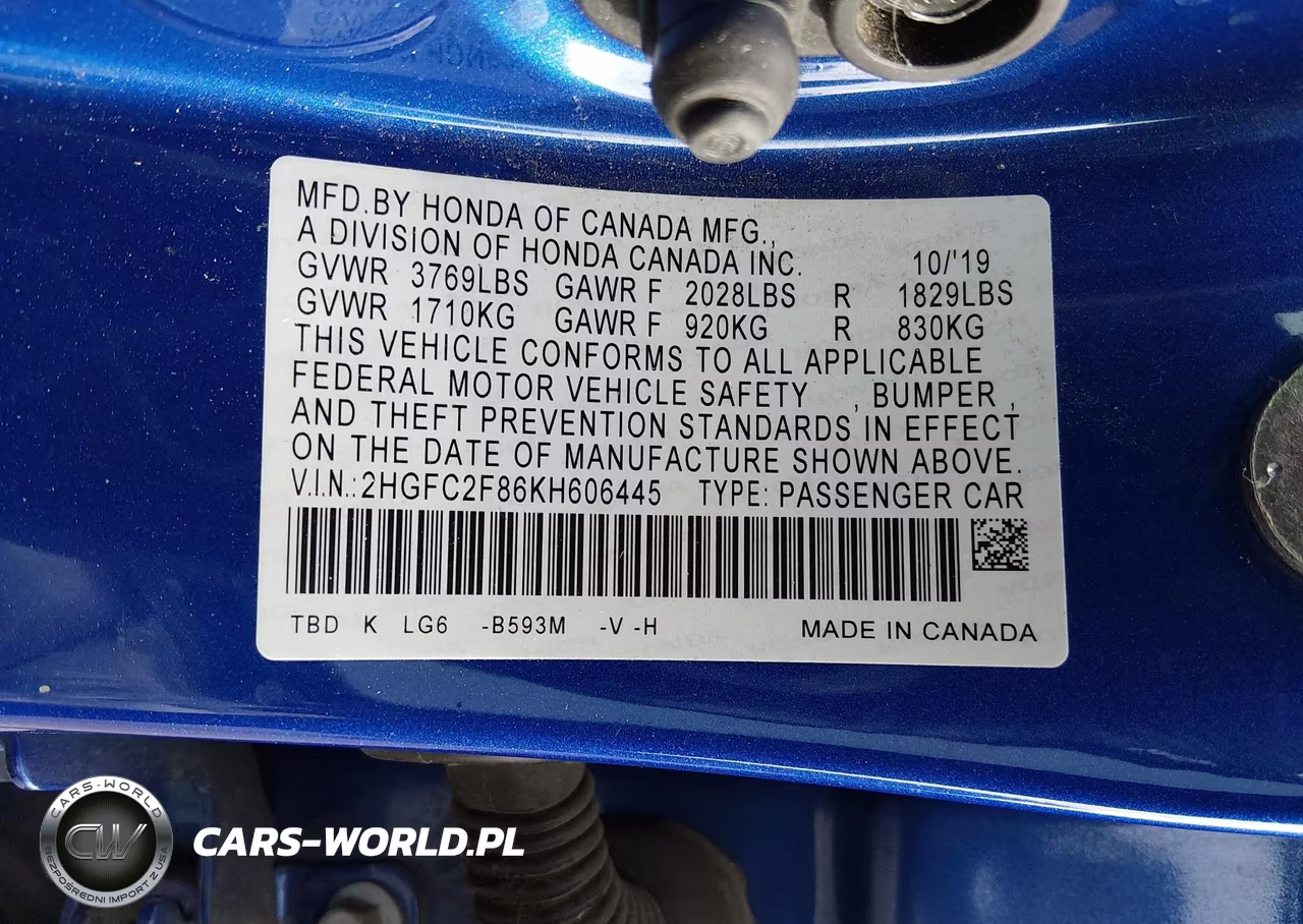 2019 Honda Civic Sport VIN:2HGFC2F86KH606445 - 9