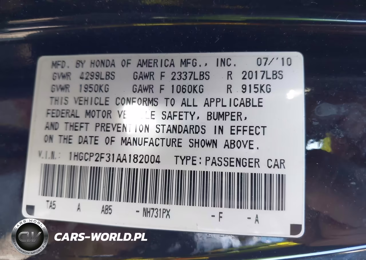 2010 Honda Accord 2.4 Lx VIN:1HGCP2F31AA182004 - 9