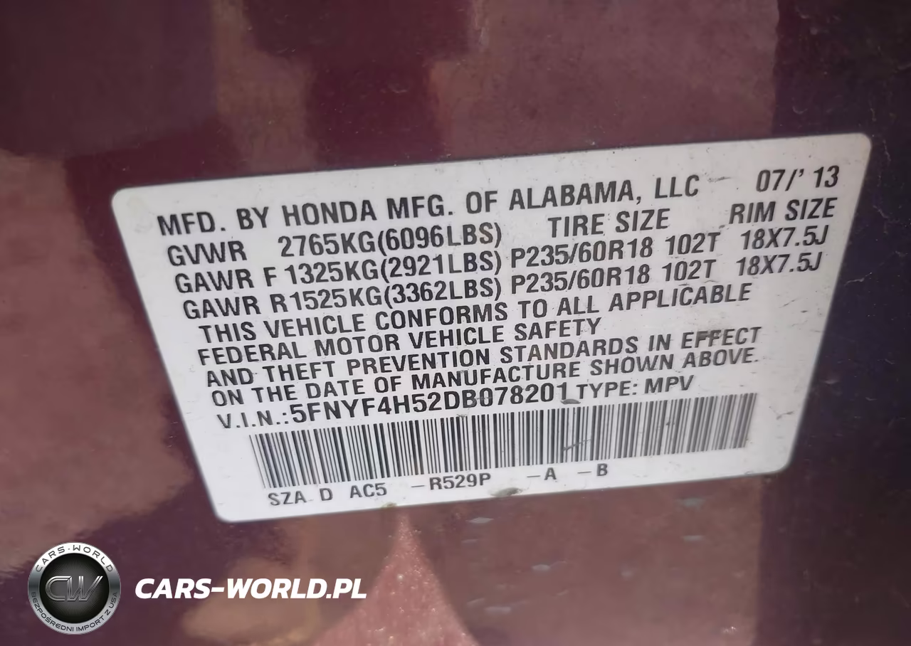 2013 Honda Pilot Ex-L VIN:5FNYF4H52DB078201 - 9