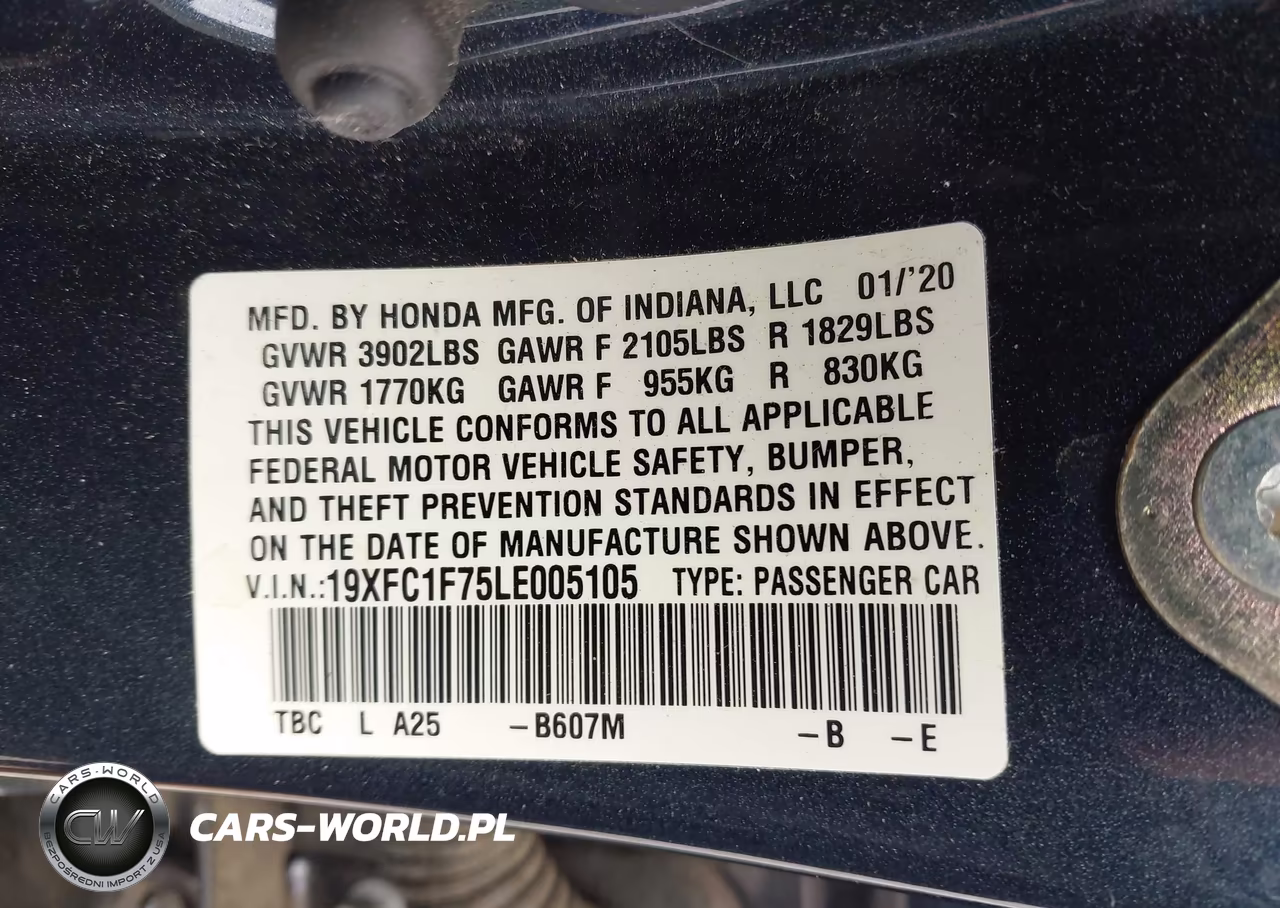 2020 Honda Civic Ex-L VIN:19XFC1F75LE005105 - 9