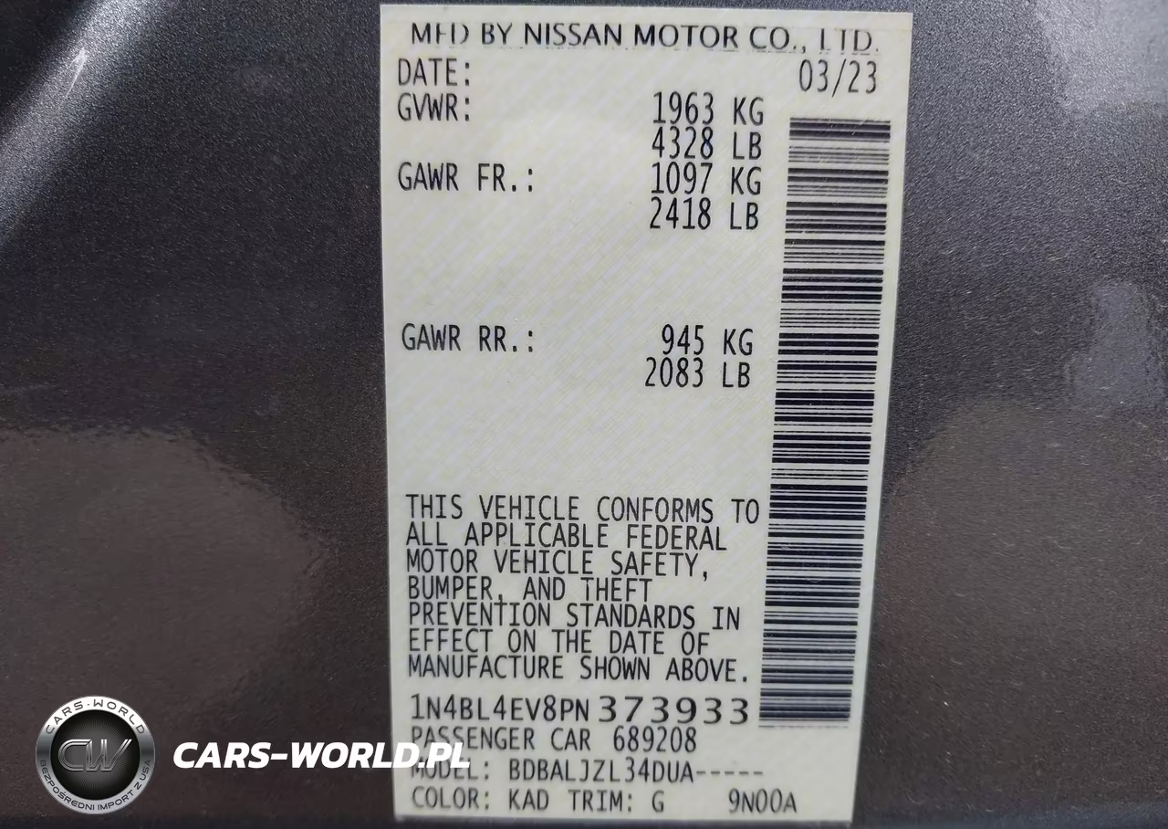 2023 Nissan Altima Sl Fwd VIN:1N4BL4EV8PN373933 - 9