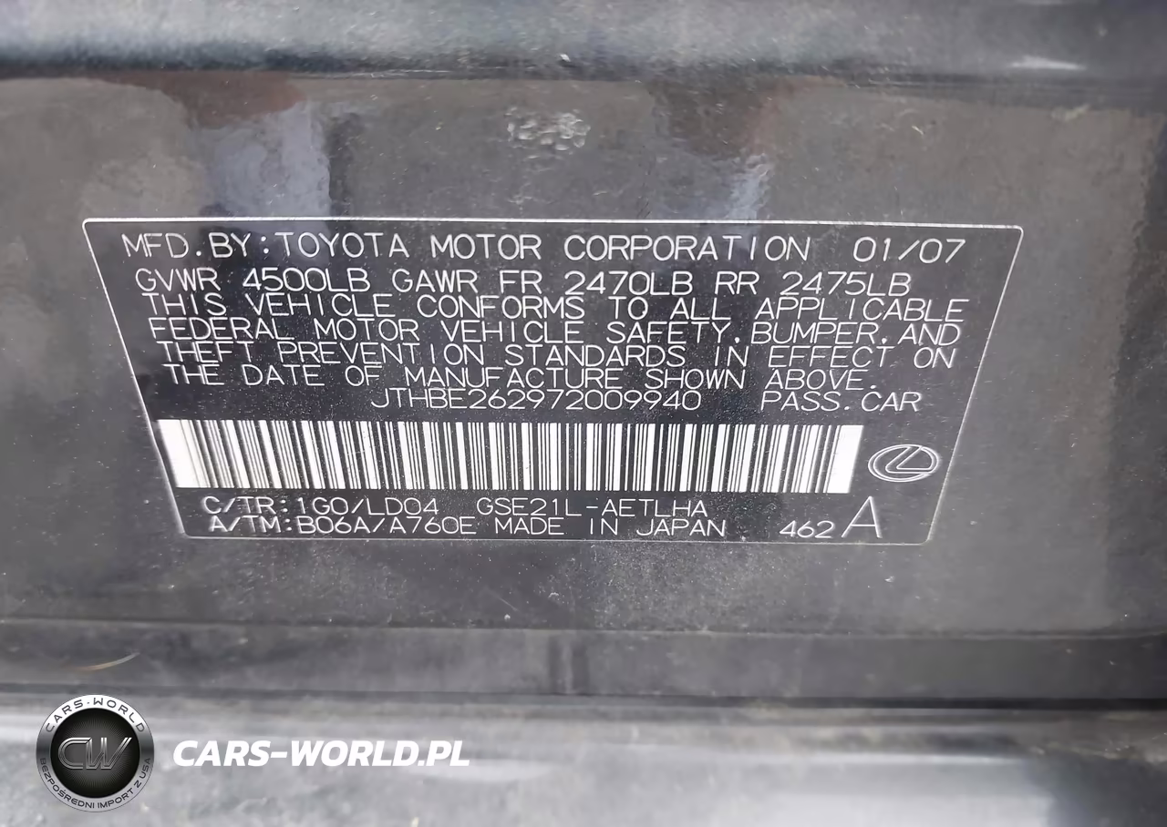 2007 Lexus Is 350 VIN:JTHBE262972009940 - 9