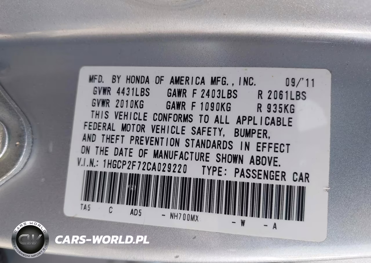 2012 Honda Accord 2.4 Ex VIN:1HGCP2F72CA029220 - 9