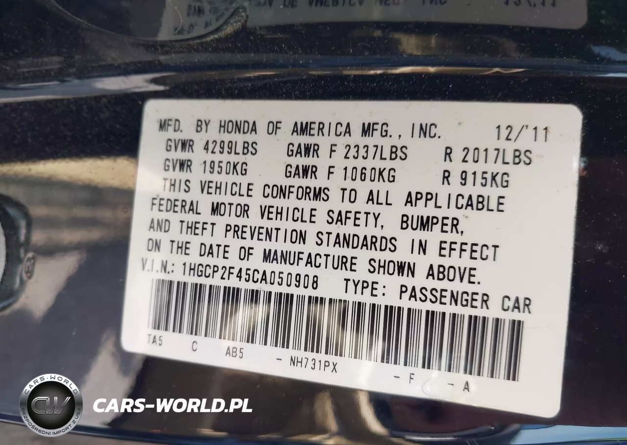 2012 Honda Accord 2.4 Lx-P VIN:1HGCP2F45CA050908 - 9