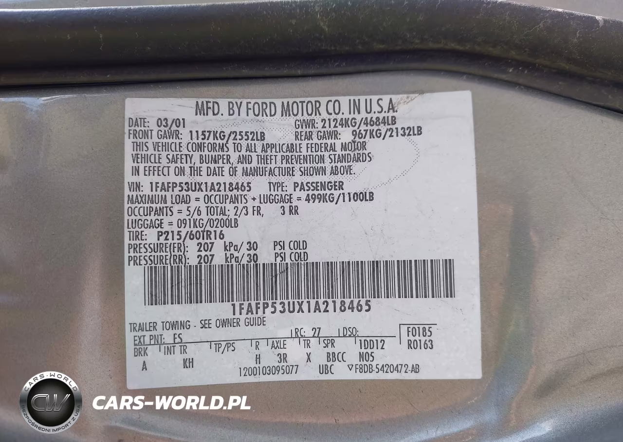2001 Ford Taurus Se VIN:1FAFP53UX1A218465 - 9
