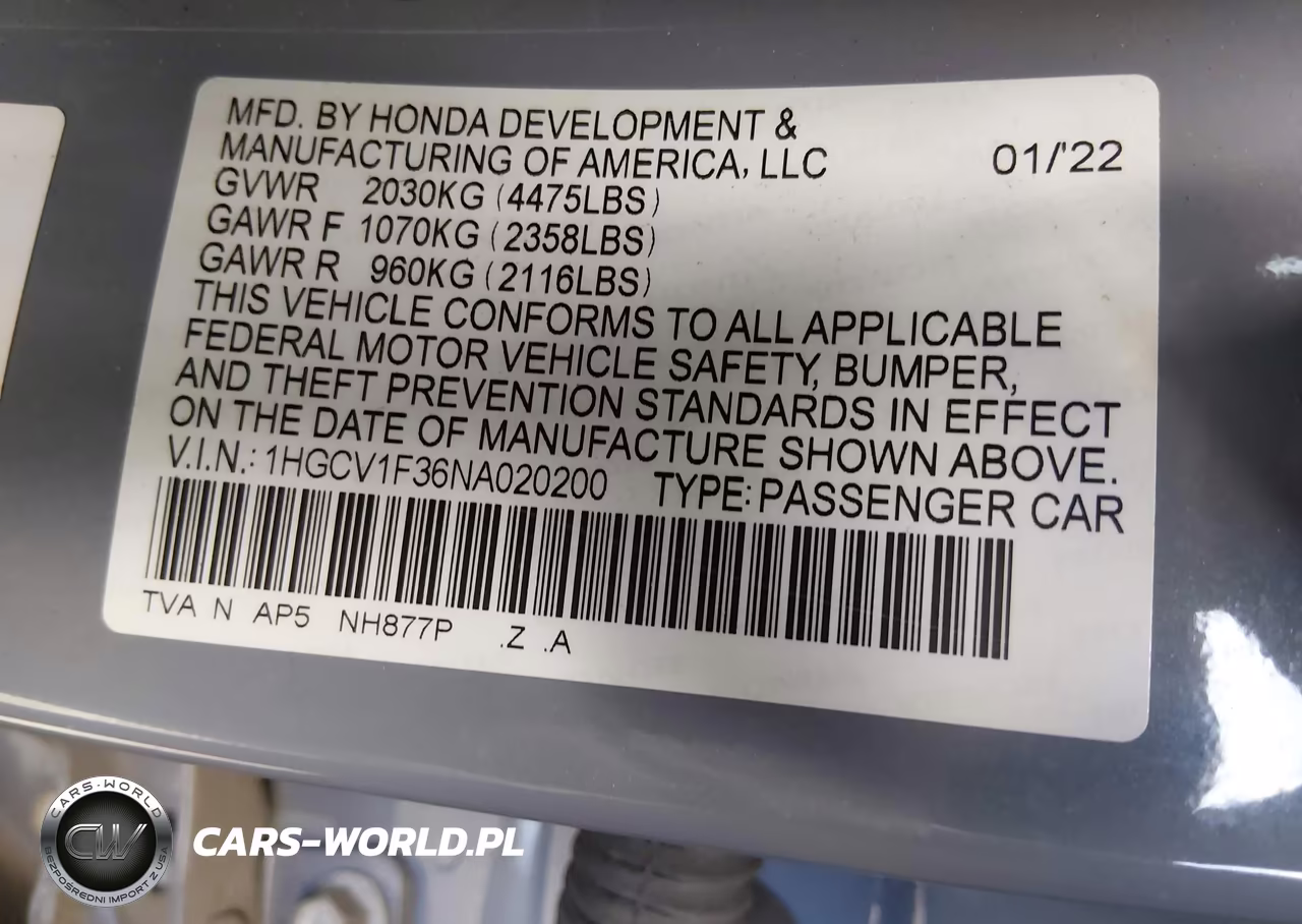 2022 Honda Accord Sport VIN:1HGCV1F36NA020200 - 9