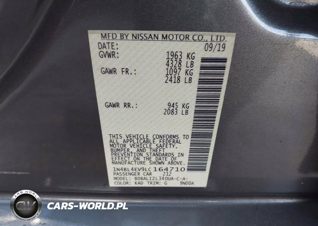 2020 Nissan Altima Sl Fwd VIN:1N4BL4EV9LC164710 - 9