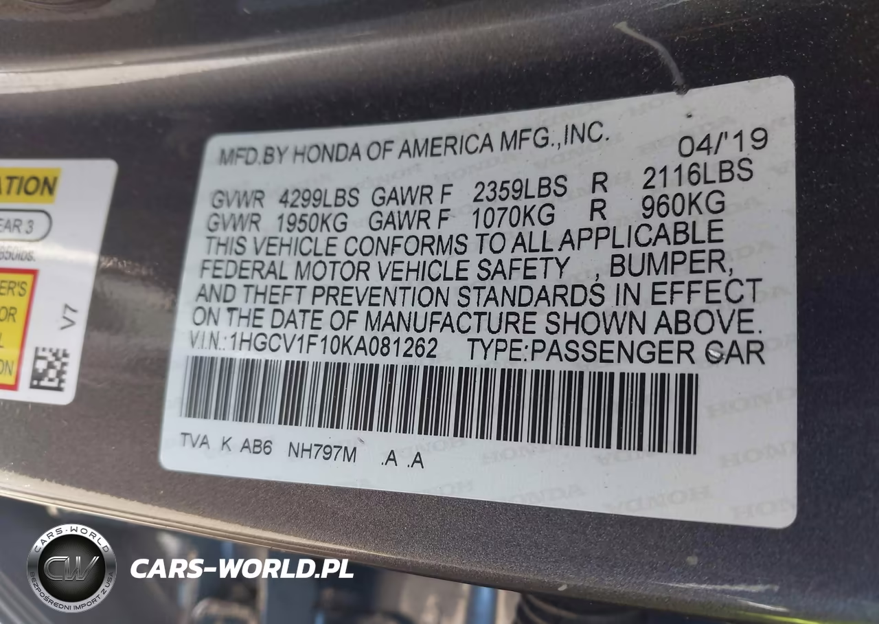 2019 Honda Accord Lx VIN:1HGCV1F10KA081262 - 9
