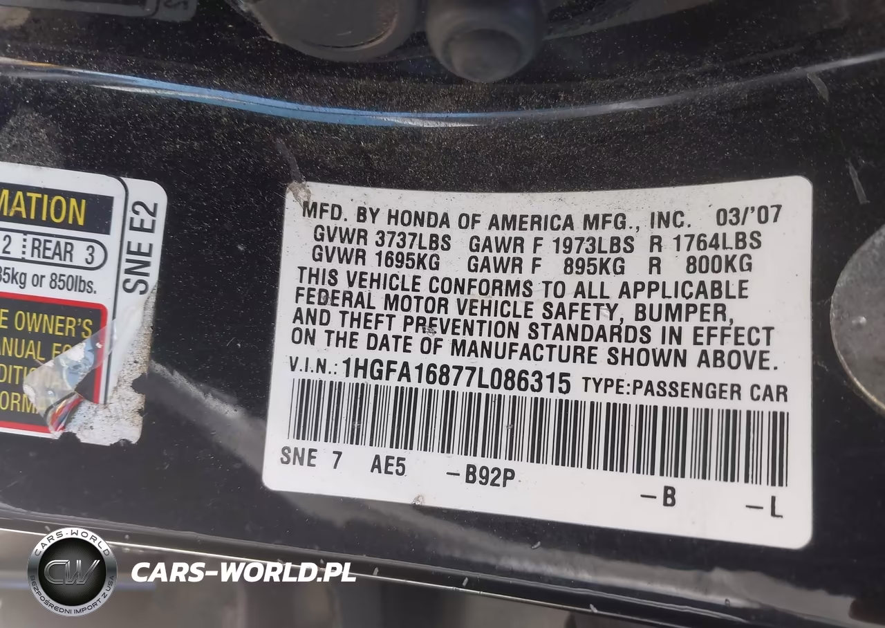 2007 Honda Civic Ex VIN:1HGFA16877L086315 - 9