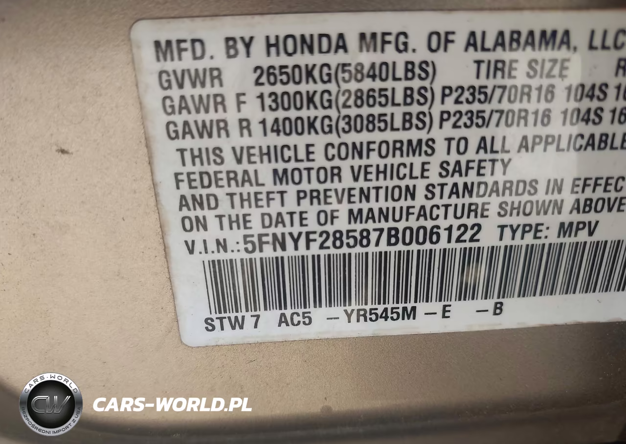 2007 Honda Pilot Ex-L VIN:5FNYF28587B006122 - 9