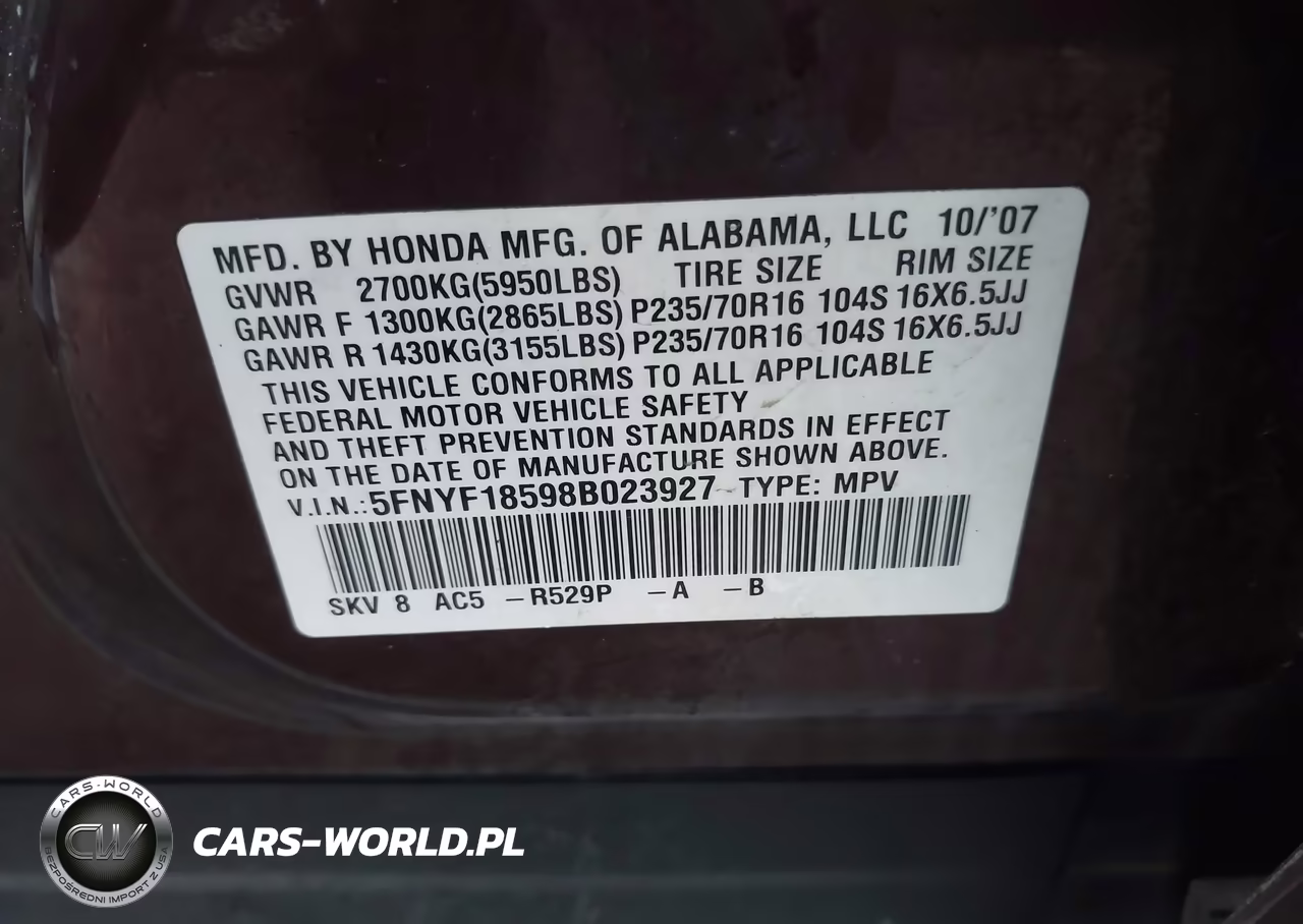 2008 Honda Pilot Ex-L VIN:5FNYF18598B023927 - 9