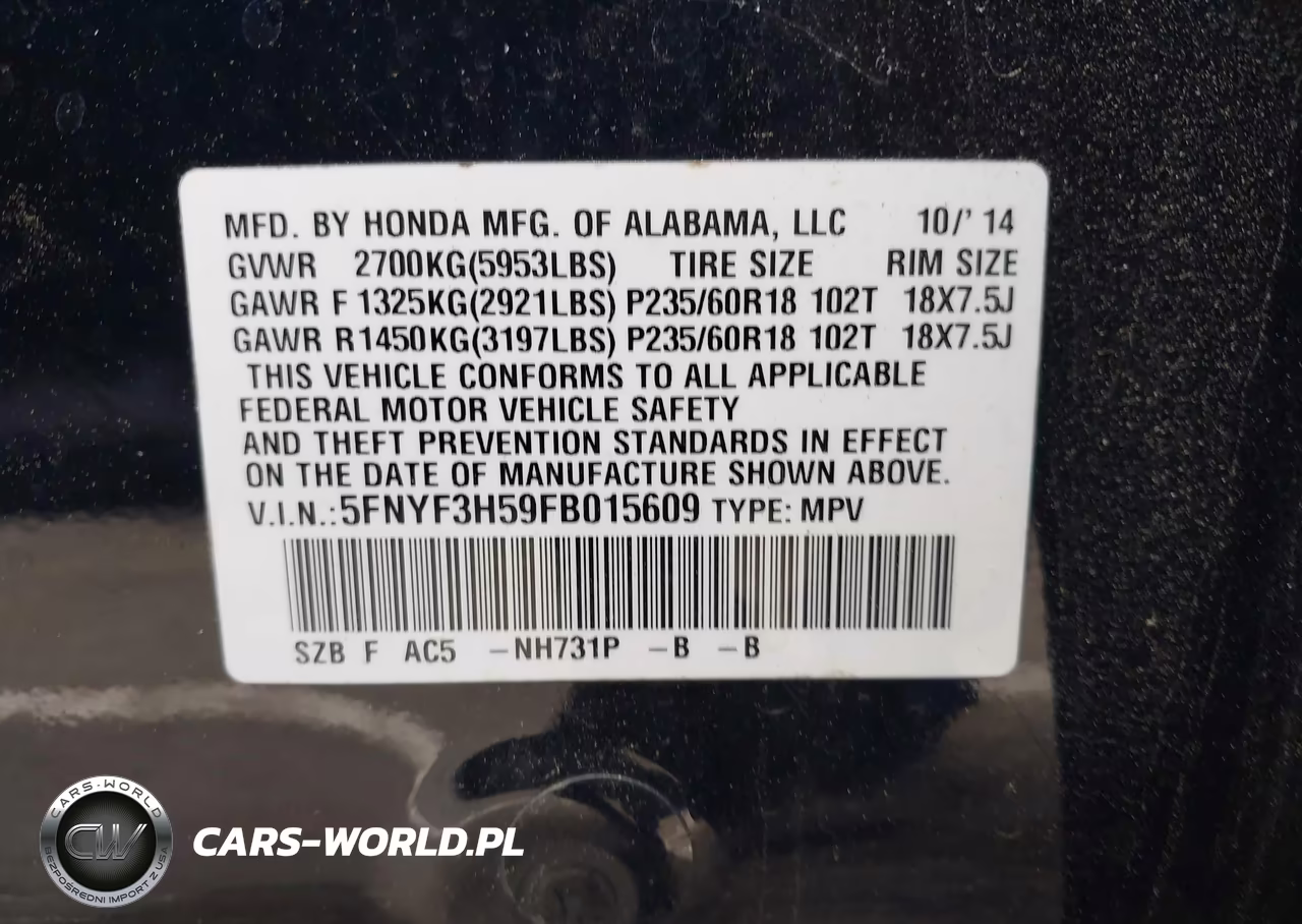2015 Honda Pilot Ex-L VIN:5FNYF3H59FB015609 - 9