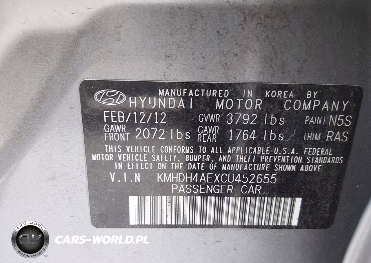 2012 Hyundai Elantra Gls (Ulsan Plant) VIN:KMHDH4AEXCU452655 - 9