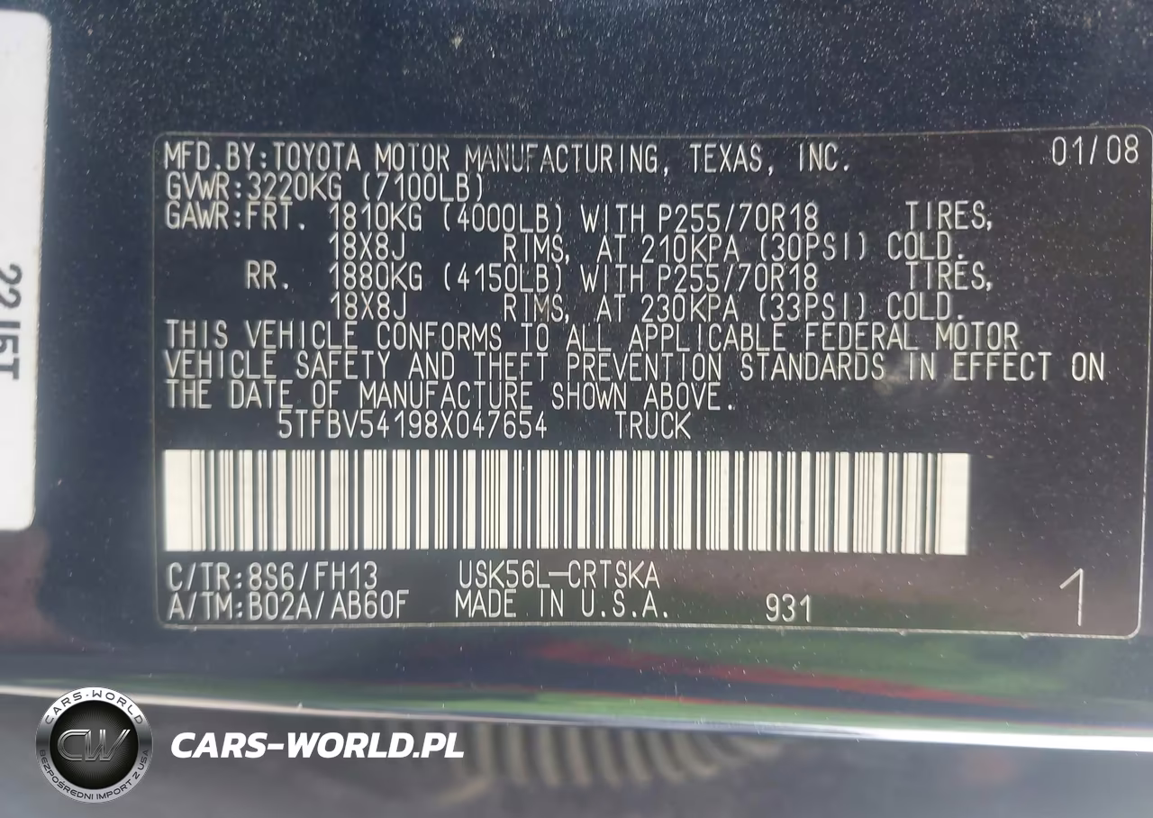 2008 Toyota Tundra Sr5 5.7L V8 VIN:5TFBV54198X047654 - 9