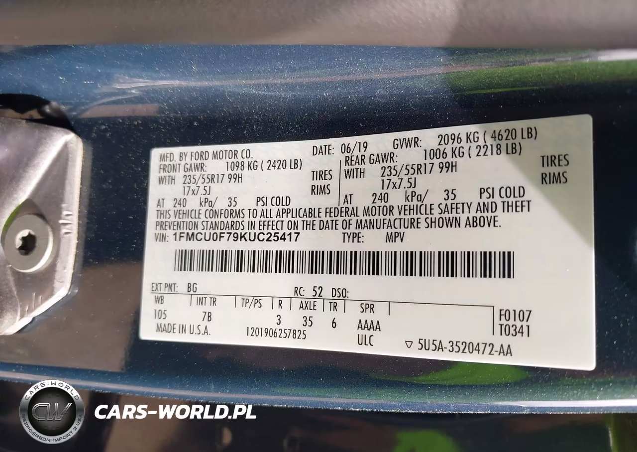 2019 Ford Escape S VIN:1FMCU0F79KUC25417 - 9
