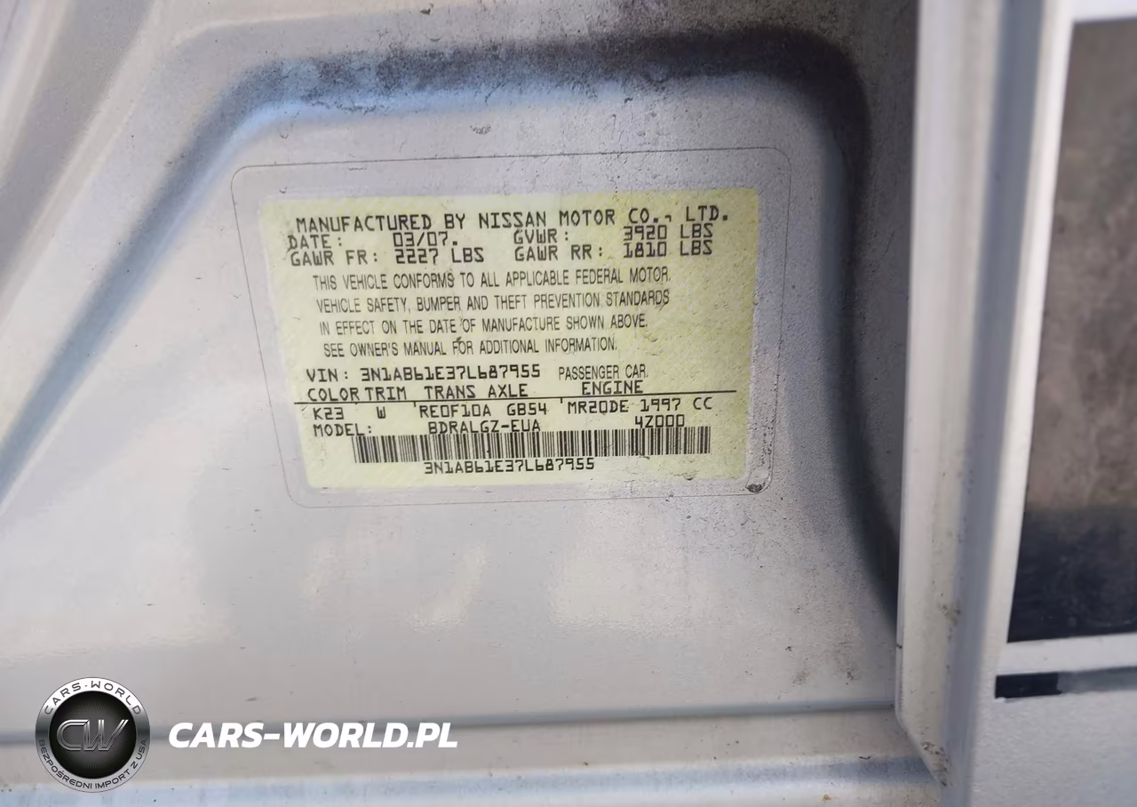 2007 Nissan Sentra 2.0Sl VIN:3N1AB61E37L687955 - 9
