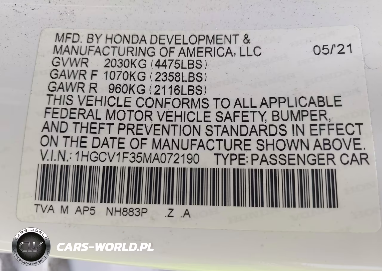 2021 Honda Accord Sport VIN:1HGCV1F35MA072190 - 9