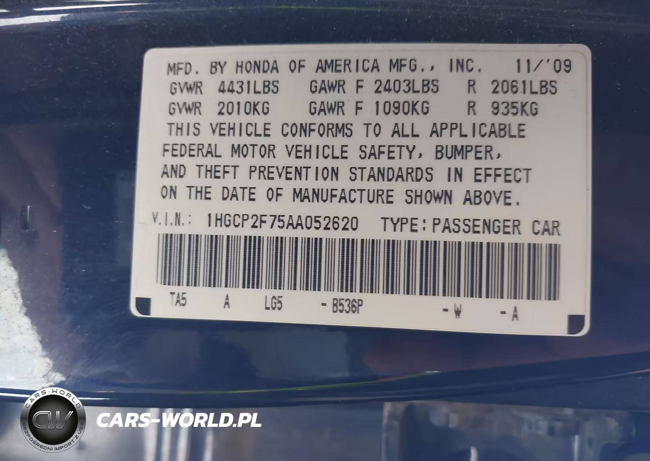 2010 Honda Accord 2.4 Ex VIN:1HGCP2F75AA052620 - 9