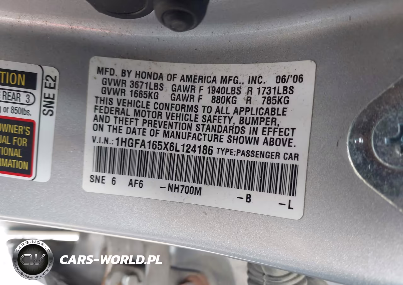 2006 Honda Civic Lx VIN:1HGFA165X6L124186 - 9