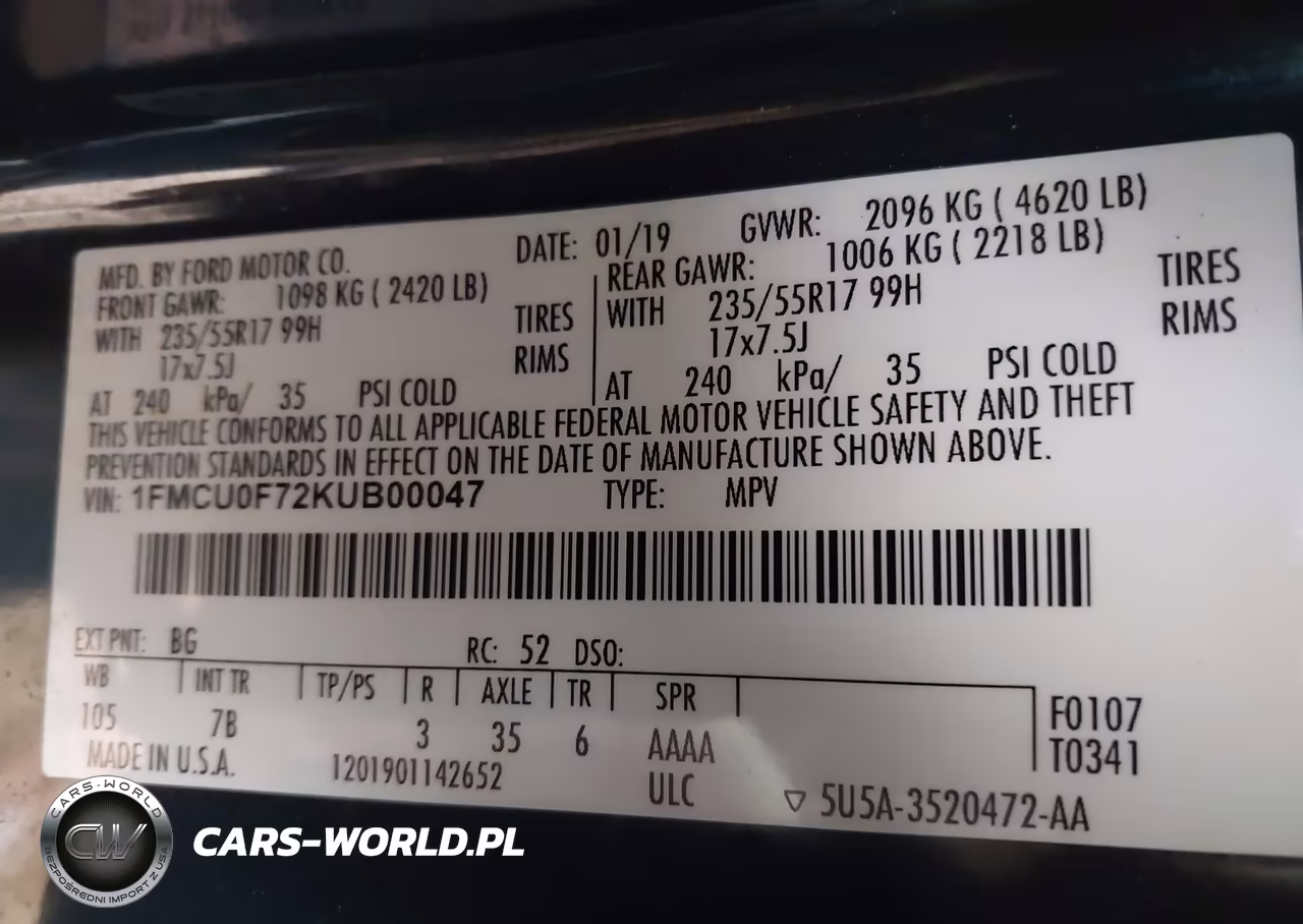 2019 Ford Escape S VIN:1FMCU0F72KUB00047 - 9