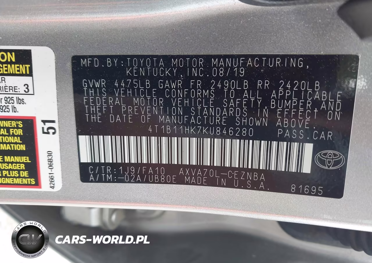 2019 Toyota Camry Le VIN:4T1B11HK7KU846280 - 9