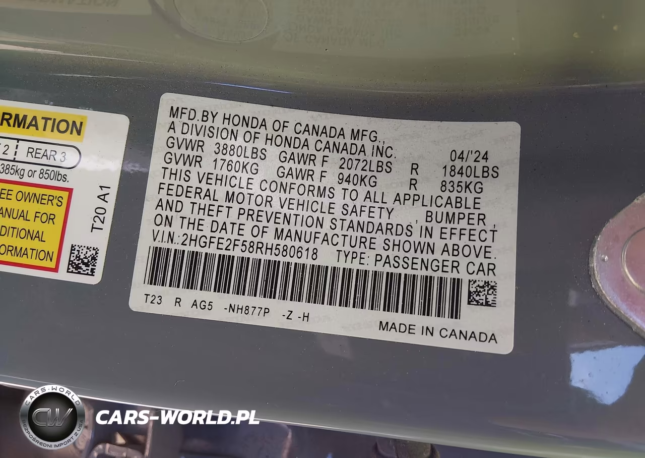 2024 Honda Civic Sport VIN:2HGFE2F58RH580618 - 9