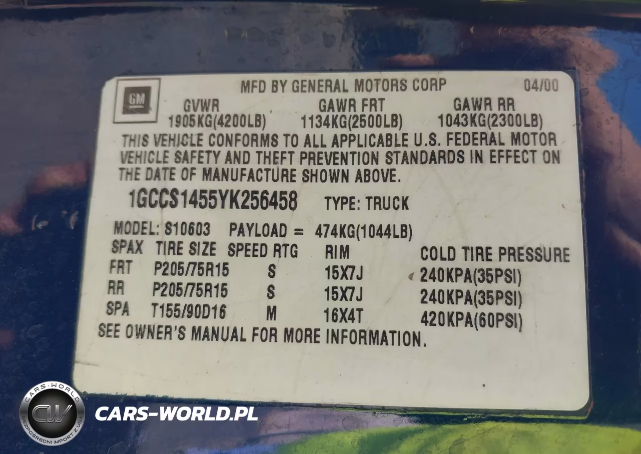 2000 Chevrolet S-10 Ls VIN:1GCCS1455YK256458 - 9