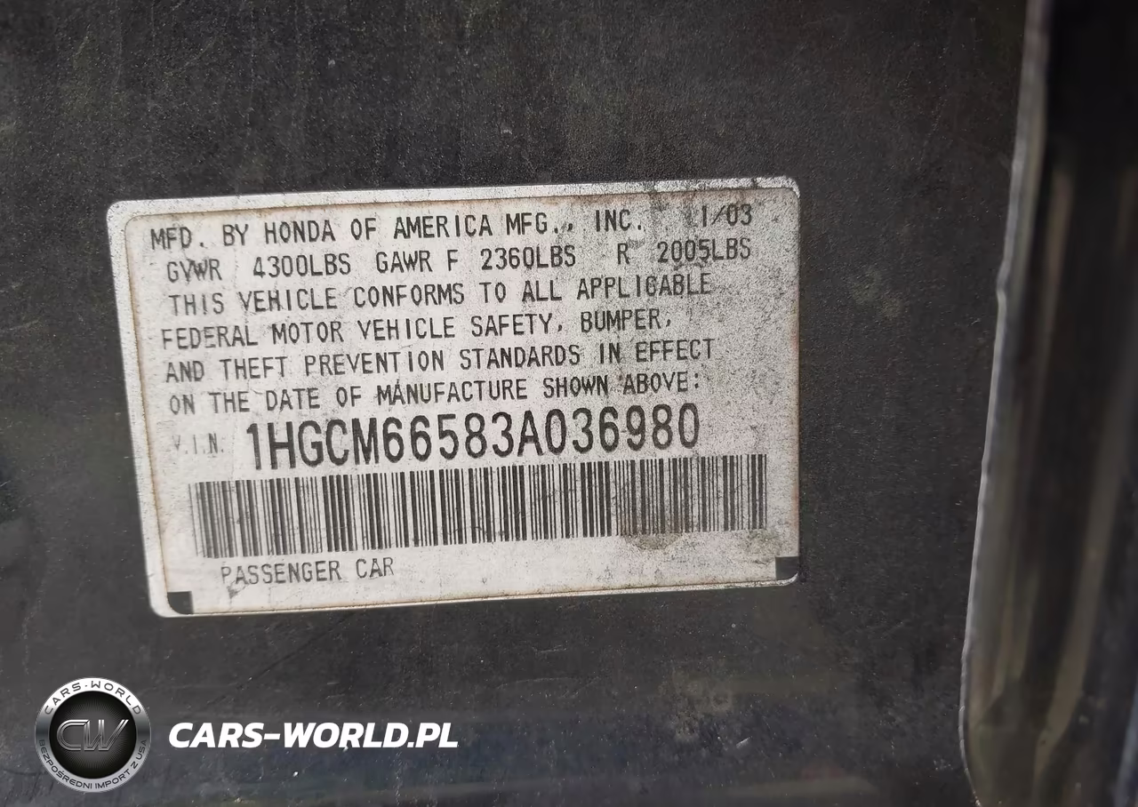 2003 Honda Accord 3.0 Ex VIN:1HGCM66583A036980 - 9