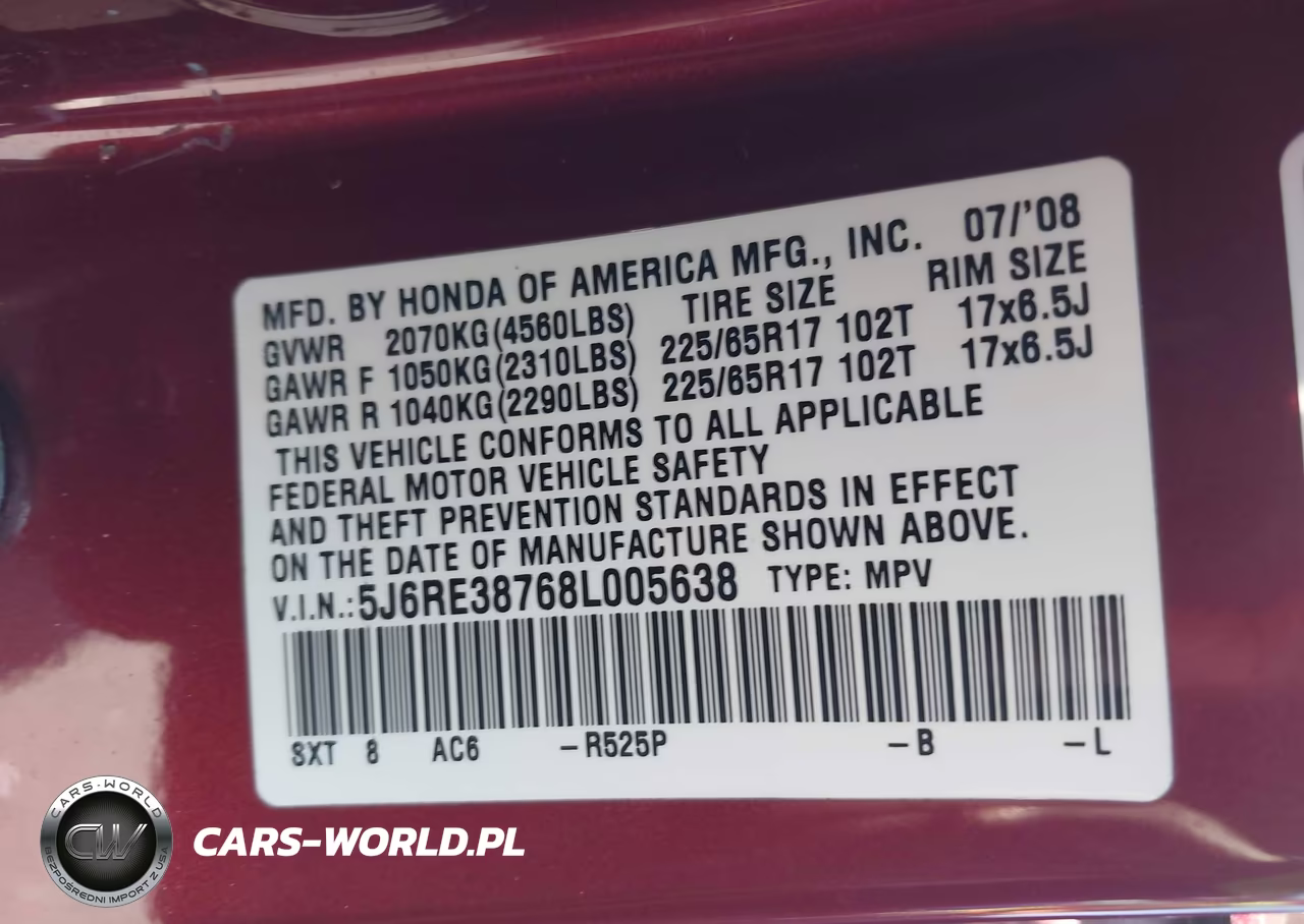 2008 Honda Cr-V Ex-L VIN:5J6RE38768L005638 - 9
