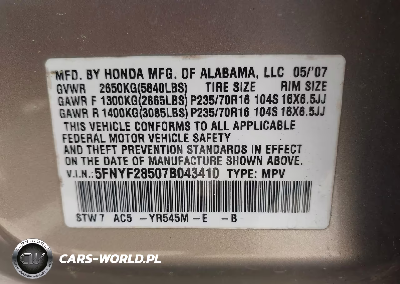 2007 Honda Pilot Ex-L VIN:5FNYF28507B043410 - 9