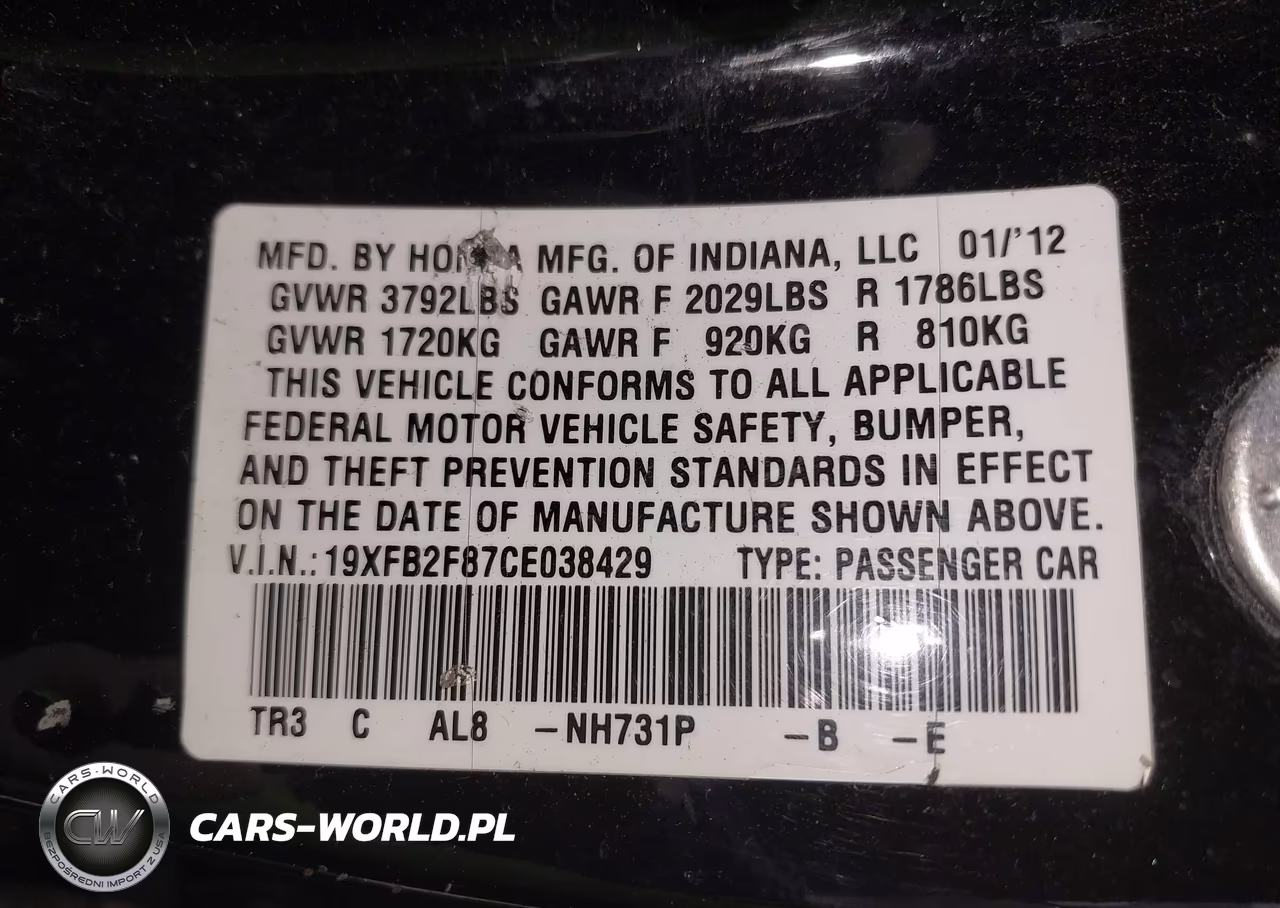 2012 Honda Civic Ex VIN:19XFB2F87CE038429 - 9