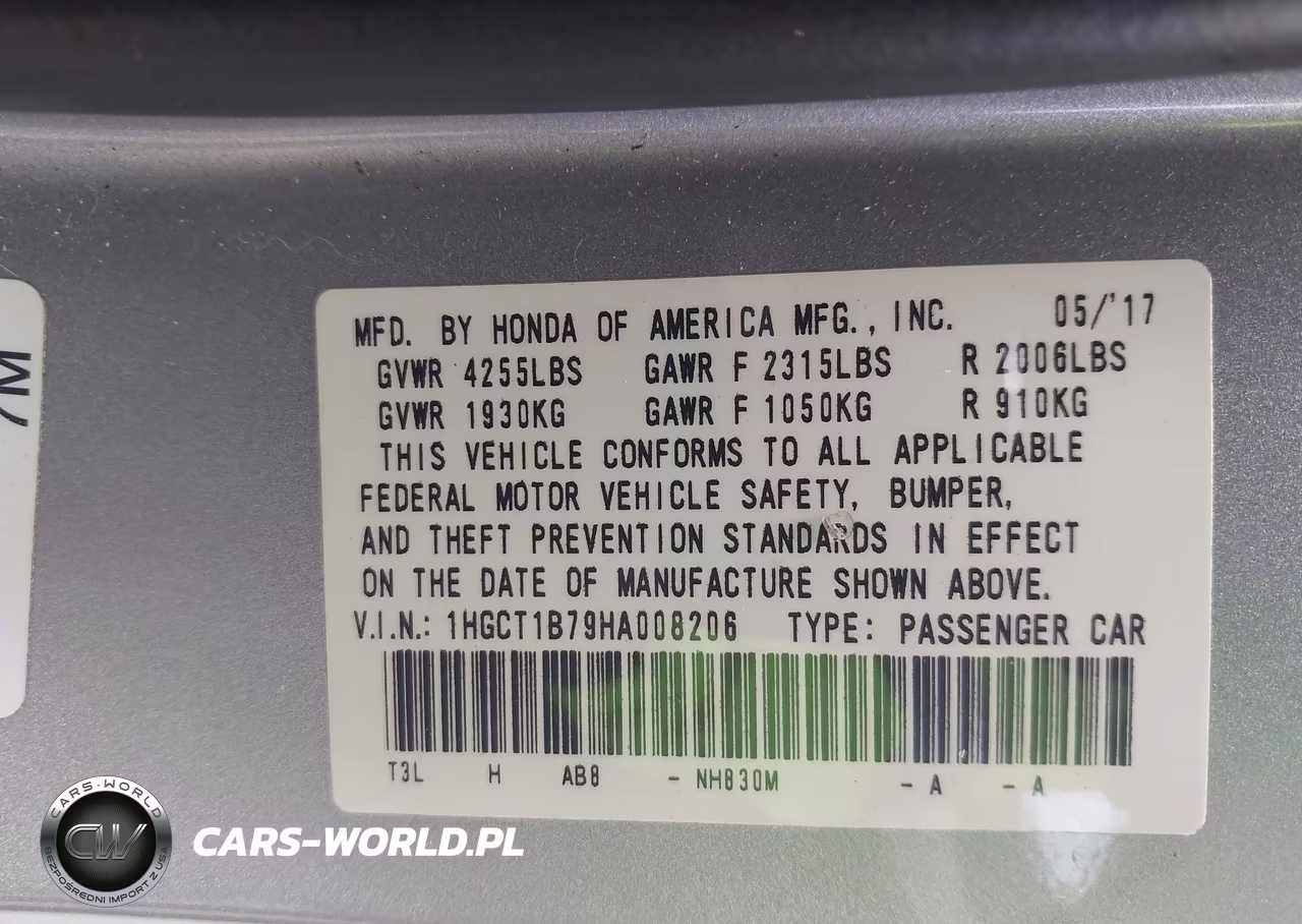 2017 Honda Accord Ex VIN:1HGCT1B79HA008206 - 9