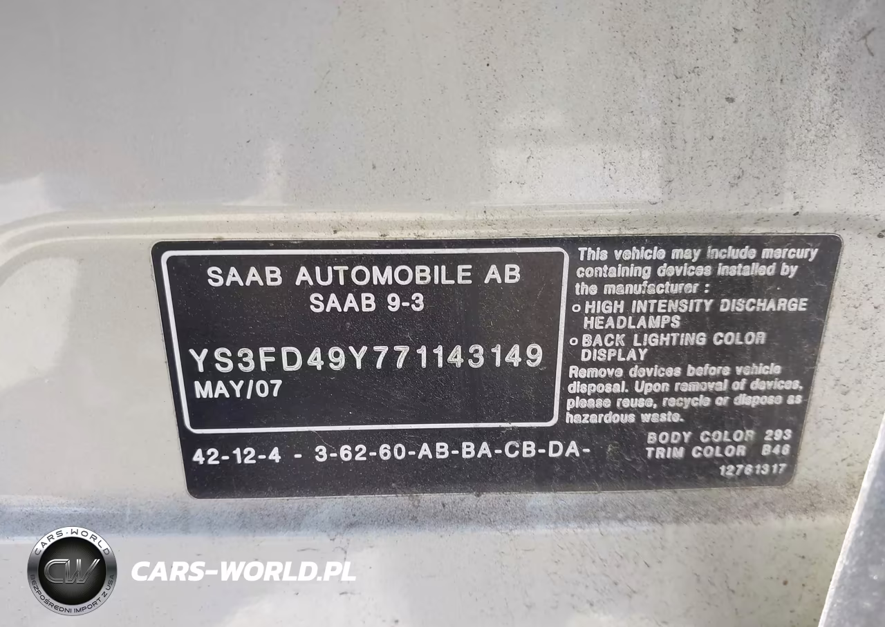 2007 Saab 9-3 2.0T VIN:YS3FD49Y771143149 - 9