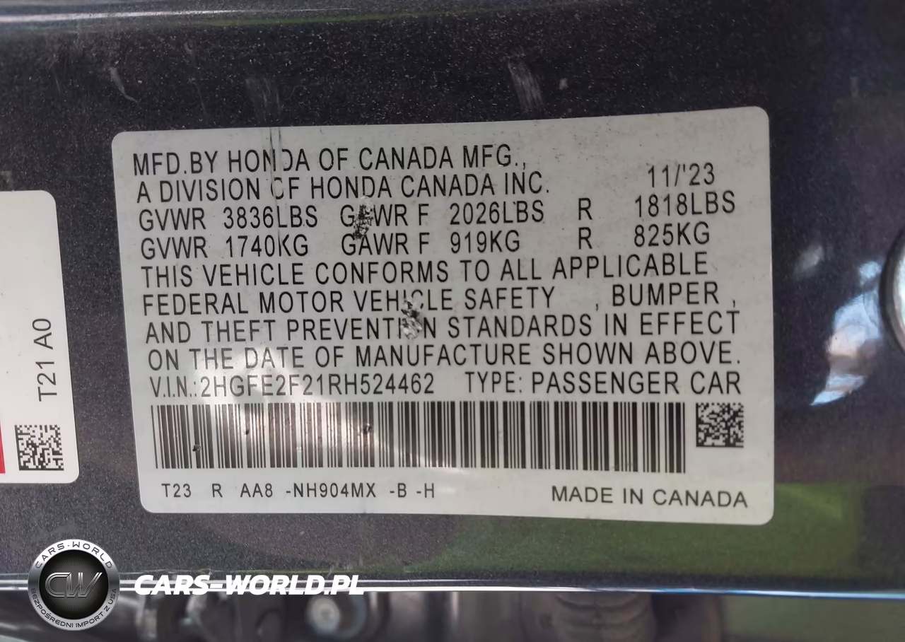 2024 Honda Civic Lx VIN:2HGFE2F21RH524462 - 9