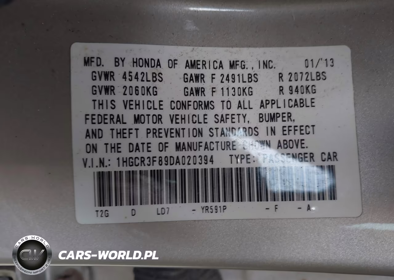 2013 Honda Accord Ex-L V-6 VIN:1HGCR3F89DA020394 - 9