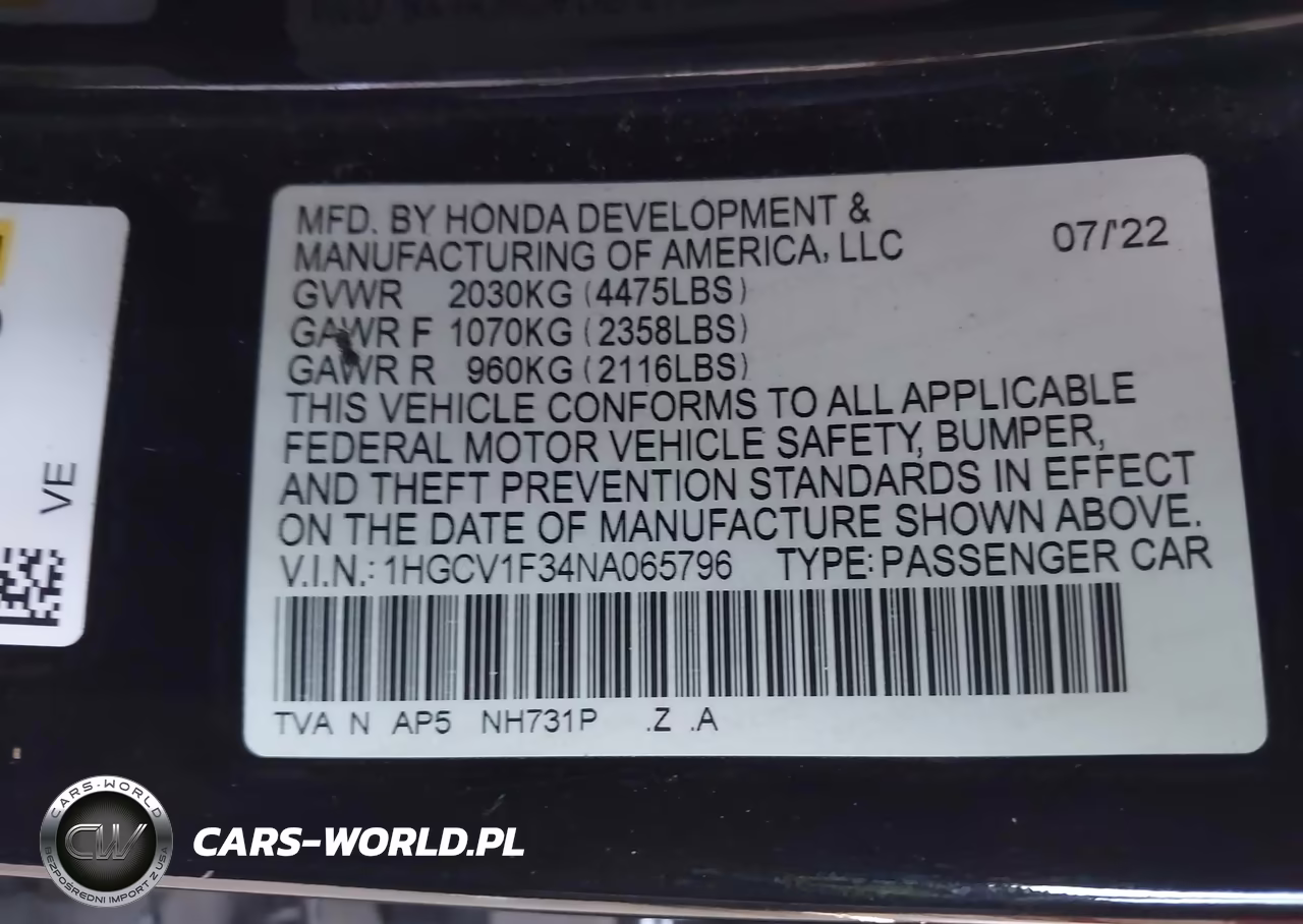 2022 Honda Accord Sport VIN:1HGCV1F34NA065796 - 9
