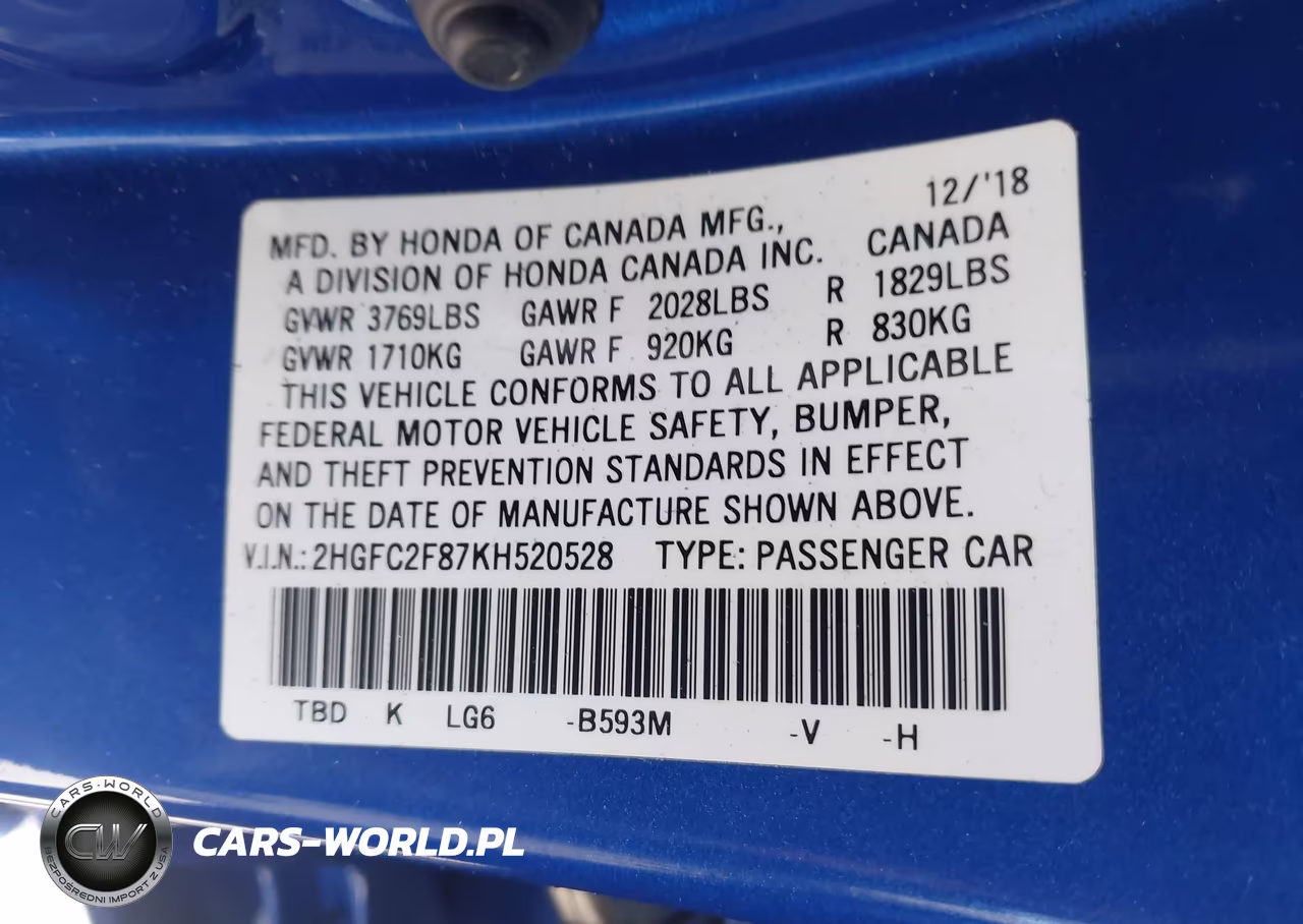 2019 Honda Civic Sport VIN:2HGFC2F87KH520528 - 9