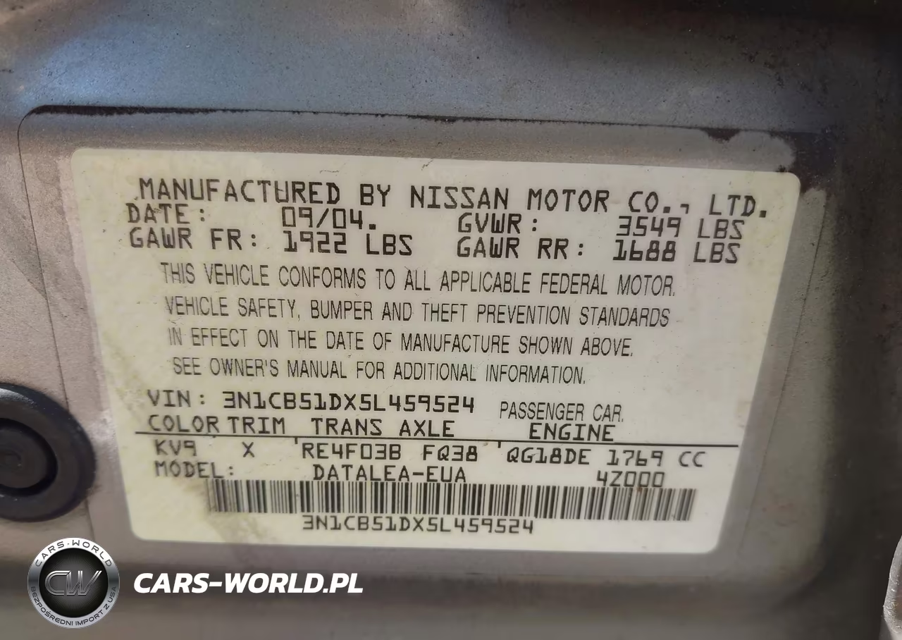 2005 Nissan Sentra 1.8S VIN:3N1CB51DX5L459524 - 9