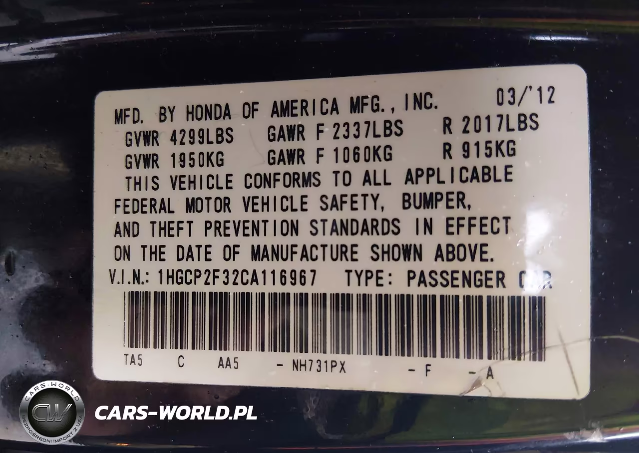 2012 Honda Accord 2.4 Lx VIN:1HGCP2F32CA116967 - 9