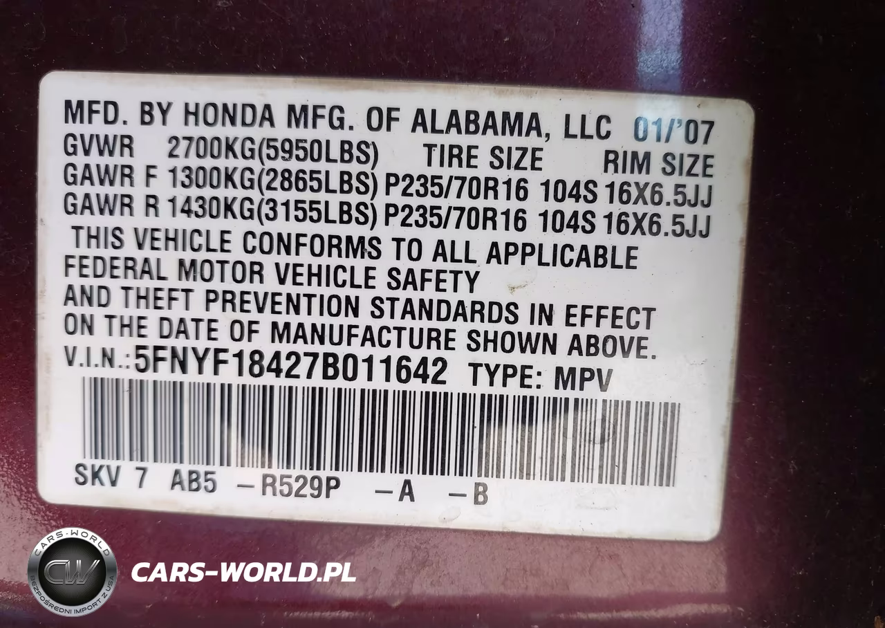 2007 Honda Pilot Ex VIN:5FNYF18427B011642 - 9
