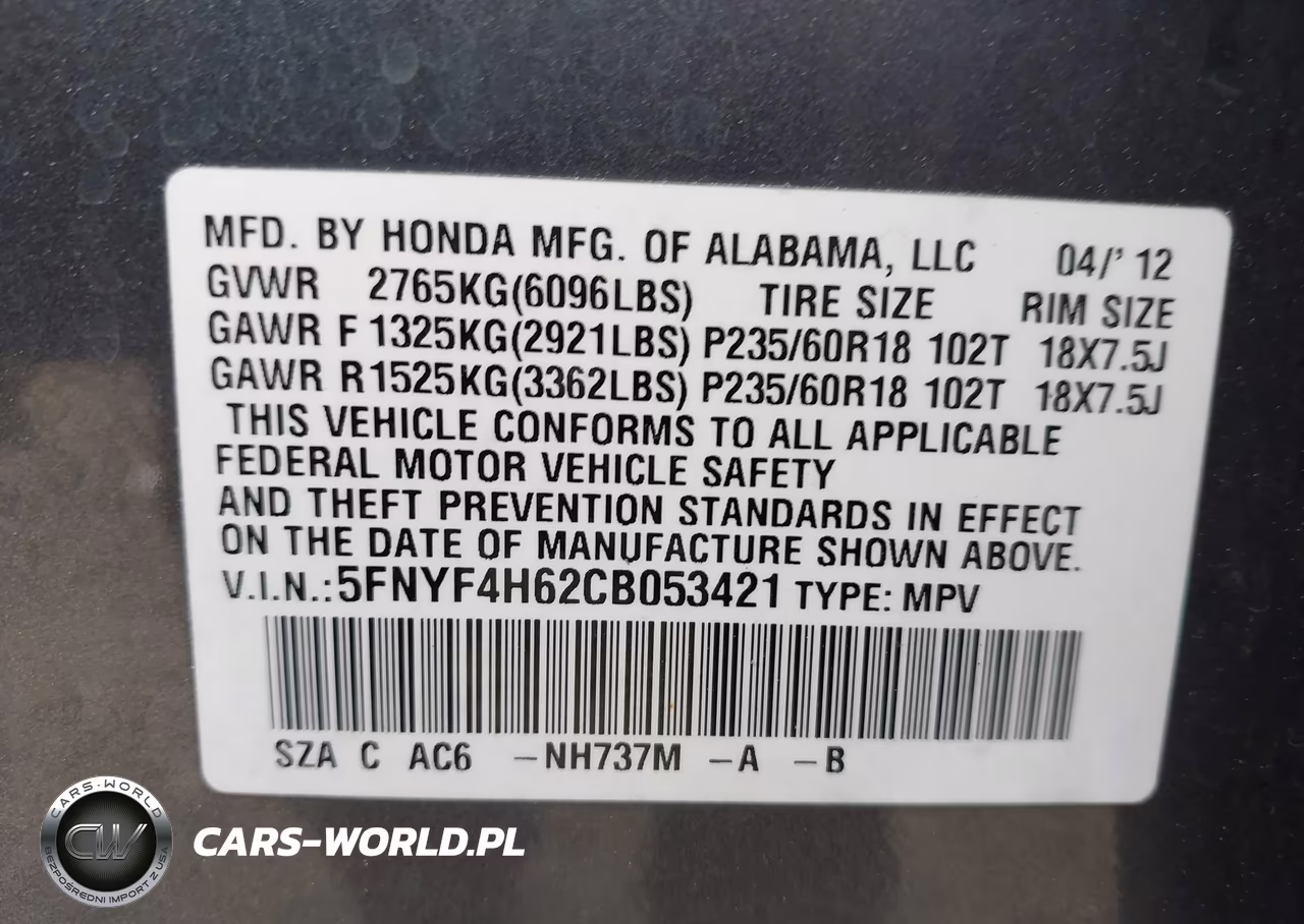 2012 Honda Pilot Ex-L VIN:5FNYF4H62CB053421 - 9