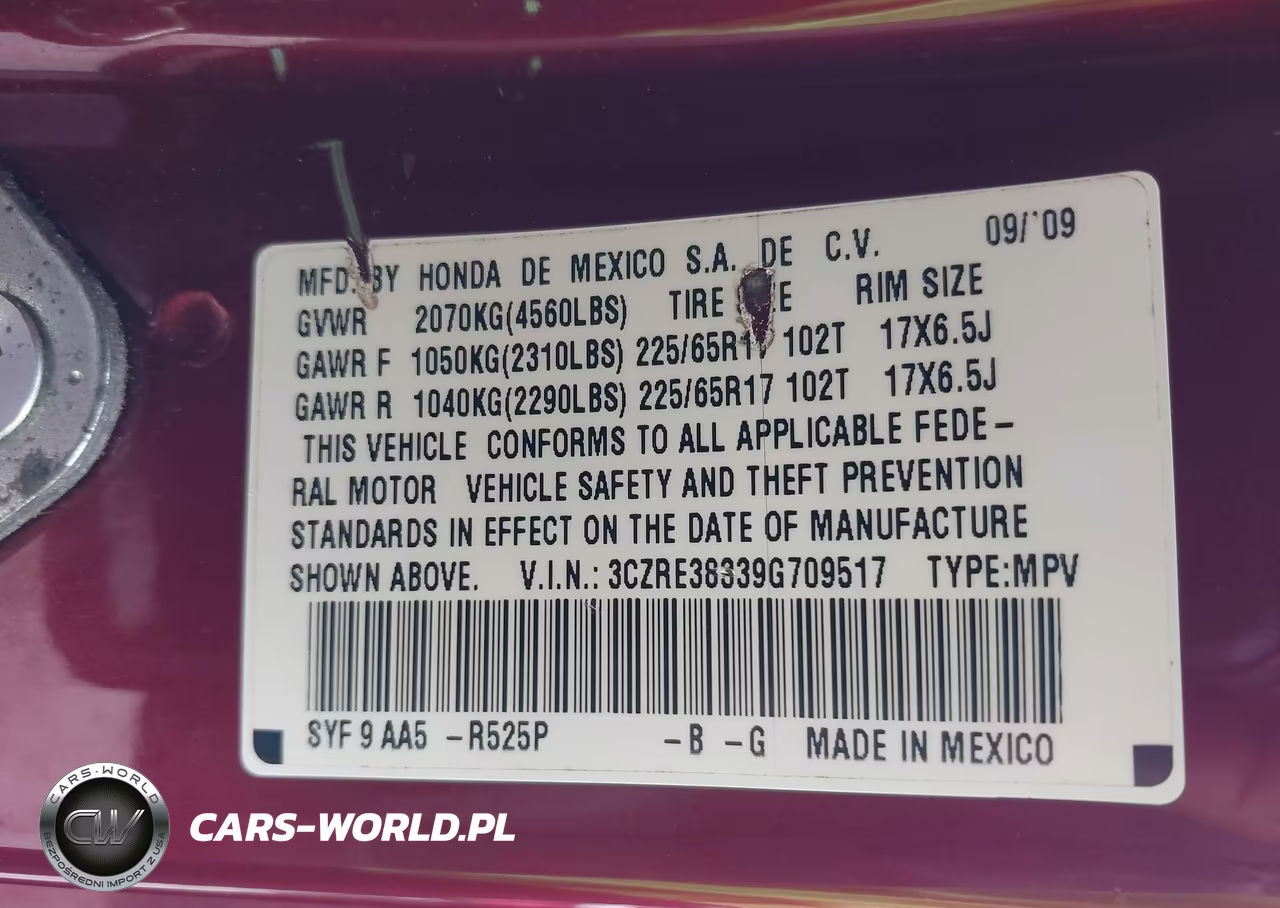 2009 Honda Cr-V Lx VIN:3CZRE38339G709517 - 9