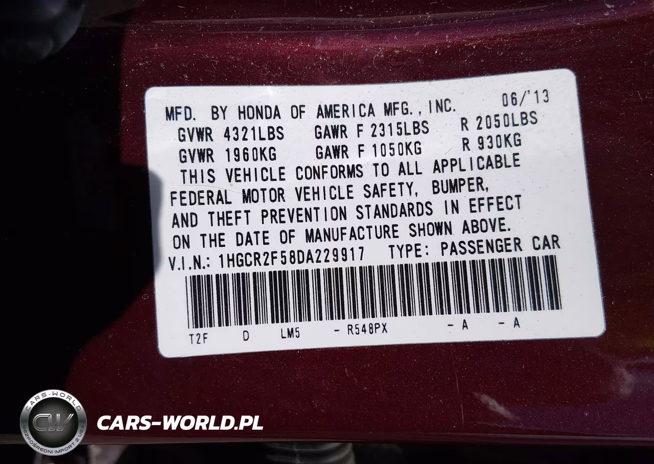 2013 Honda Accord Sport VIN:1HGCR2F58DA229917 - 9