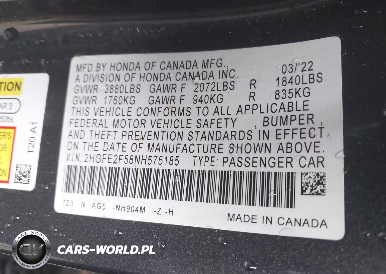 2022 Honda Civic Sport VIN:2HGFE2F58NH575185 - 9