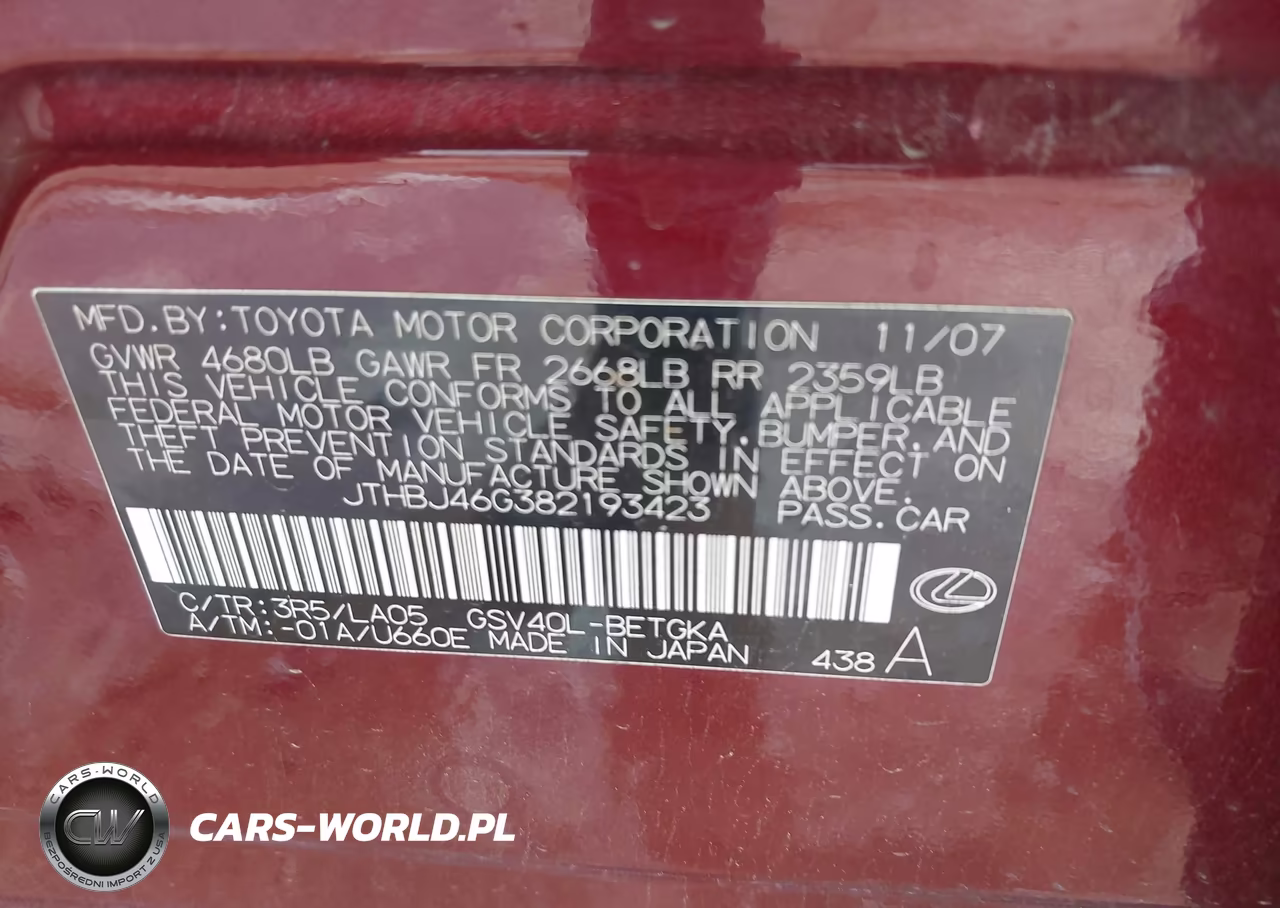 2008 Lexus Es 350 Base VIN:JTHBJ46G382193423 - 9