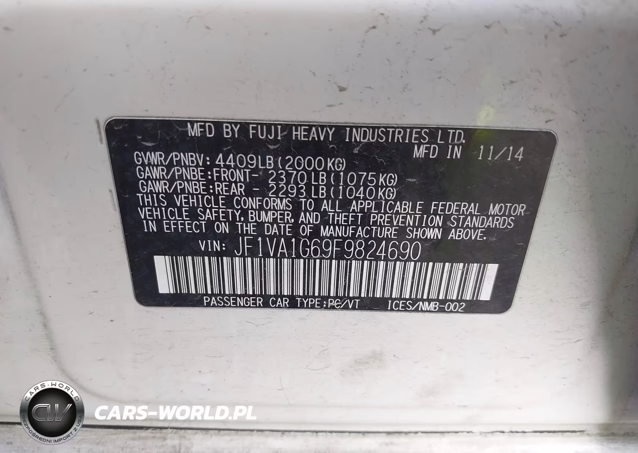 2015 Subaru Wrx Limited VIN:JF1VA1G69F9824690 - 9