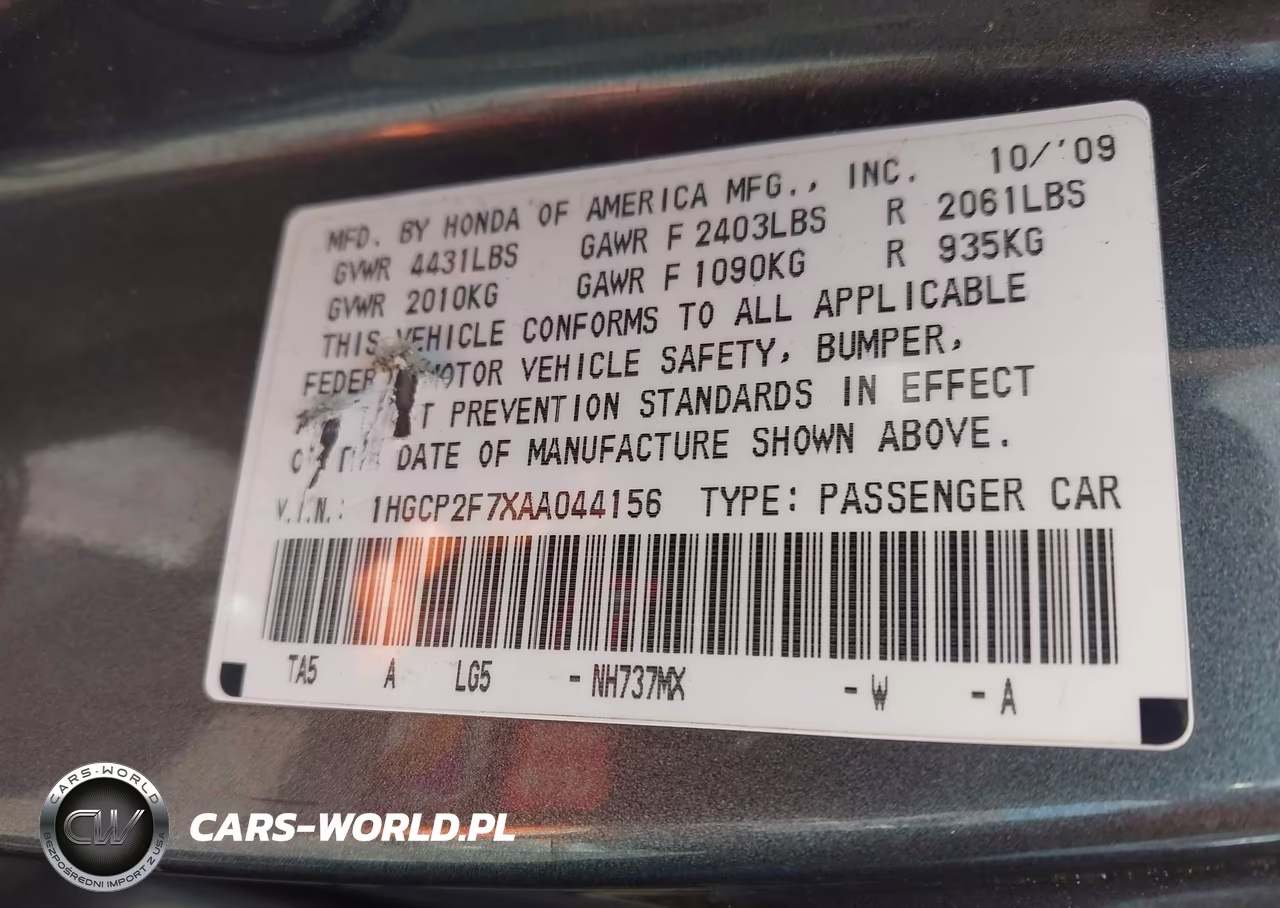 2010 Honda Accord 2.4 Ex VIN:1HGCP2F7XAA044156 - 9