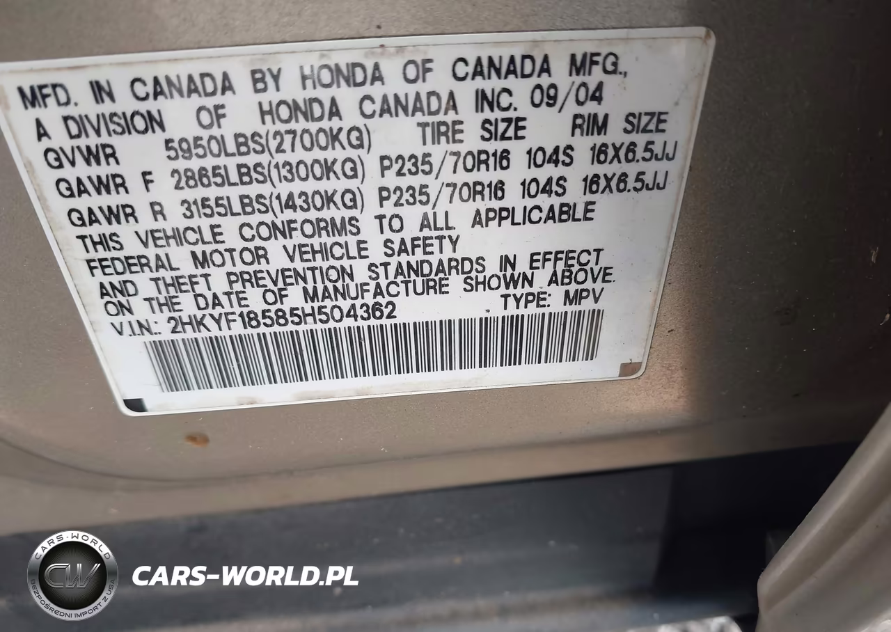 2005 Honda Pilot Ex-L VIN:2HKYF18585H504362 - 9