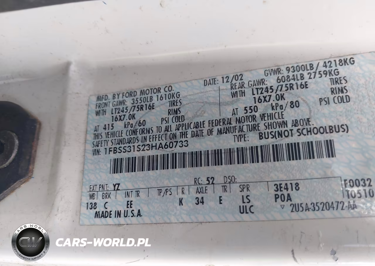 2003 Ford E-350 Super Duty Xl-Xlt VIN:1FBSS31S23HA60733 - 9